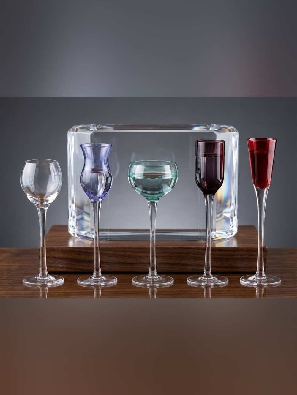 Colored Hand Blown Cordial Stemware 5 Piece Set -Purple, Teal, Plum, Yellow, Red